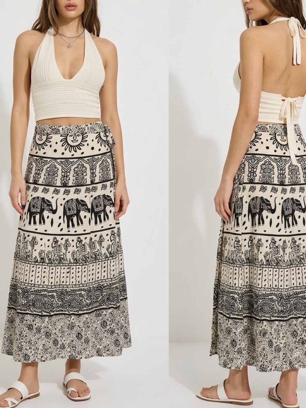 Vintage Black & White Elephant Printed Maxi Skirt